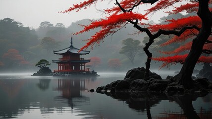 Fototapeta premium Serene autumn scene red pagoda on misty lake, reflected in calm water, surrounded by vibrant foliage.