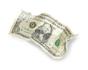 One crumpled dollar banknote isolated on white, top view