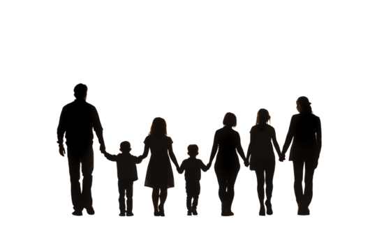 Silhouette of a family holding hands, representing unity and togetherness, captured against a white background. - Powered by Adobe
