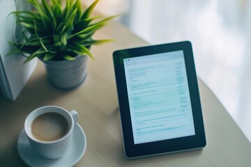 Tablet with emails open next to coffee cup on desk