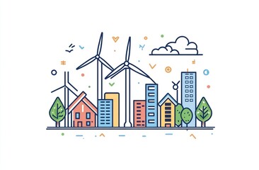 Fototapeta premium Eco-friendly city skyline with wind turbines, houses, and buildings.