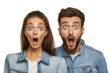 Surprised couple expressive faces with wide eyes and open mouths, showcasing genuine shock and amazement. Perfect for conveying strong emotions.