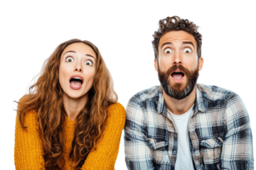 Surprised couple with wide eyes and expressive faces, showcasing genuine astonishment in a playful setting. White isolated background.