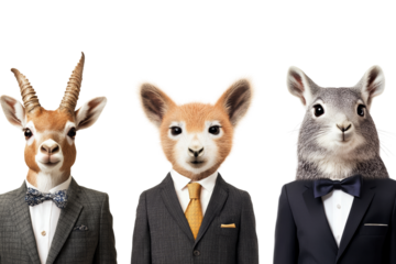 Three anthropomorphic animals dressed in formal suits, posing confidently against a white background. Unique blend of style and creativity.