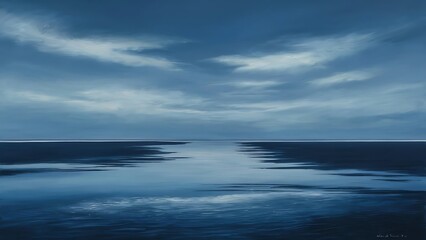 Obraz premium Cloudy blue minimalist seascape. Deserted space. Horizon line. Background.