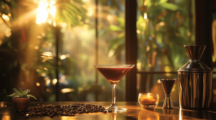 Espresso Martini Cocktail Glass with Coffee Beans Against a Warm Sunset Glow
