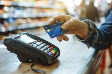 Customer using credit card for payment on POS terminal in supermarket, Credit card payment concept.