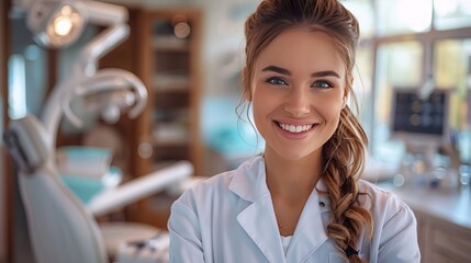 Confident Dentist: A professional female dentist with a warm smile and a confident gaze, showcasing the expertise and care she provides to her patients, National Dentist Day