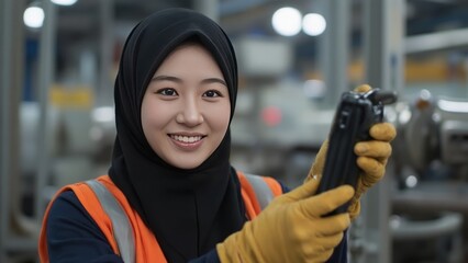 Confident Muslim Female Engineer Using Handheld Device in Modern Factory