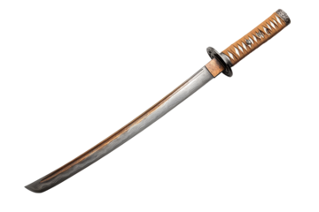 Traditional Japanese katana sword with a curved blade and ornate handle, showcasing craftsmanship and history on a white isolated background.