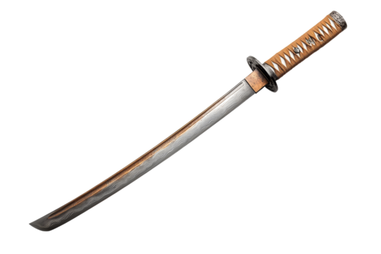 Traditional Japanese katana sword with a curved blade and ornate handle, showcasing craftsmanship and history on a white isolated background.