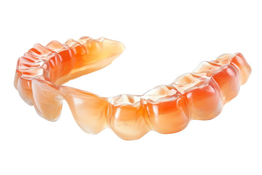 Transparent dental retainer on white isolated background, showcasing its flexible design and contour to align teeth effectively.
