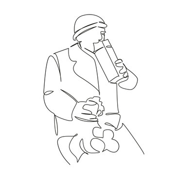 recommend clip art: One continuous single drawing line art flat doodle homeless man, accepting food, beggar, cold, grief. Isolated image hand draw contour on a white background, hand drawn, not AI