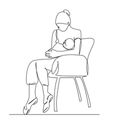 Fototapeta premium One continuous single drawing line art flat doodle woman breastfeeding newborn baby, sitting in chair, food, care. Isolated image hand draw contour on a white background, hand drawn, not AI