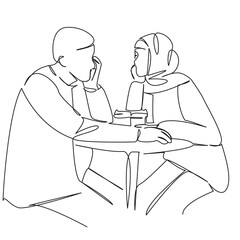 One continuous single drawing line art flat doodle Muslim couple man and woman sitting in cafe drinking coffee chatting. Isolated image hand draw contour on a white background, hand drawn, not AI