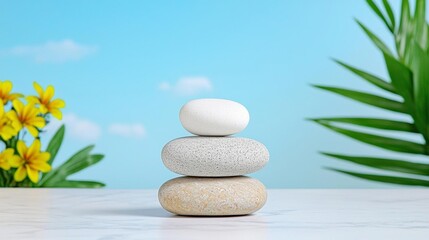 Obraz premium a photostock of a single white pebble balanced on a stack of smooth stones, zen aesthetic 2025