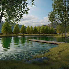 Fototapeta premium A serene autumn lakeside scene with vibrant red, orange, and yellow foliage, a wooden pier extending into the calm water, and rolling hills in the background.