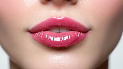 Fototapeta premium A woman's lips are painted with a bright pink lip gloss