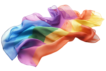 Vibrant rainbow flag fabric gracefully flowing, symbolizing diversity and pride, with elegant folds captured on a white isolated background.