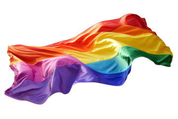 Vibrant rainbow flag flowing smoothly, symbolizing pride and diversity, on a transparent background.