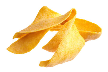 Fototapeta premium Vibrant orange mango peels displayed against a white isolated background, showcasing their texture and color for culinary and healthy lifestyle contexts.