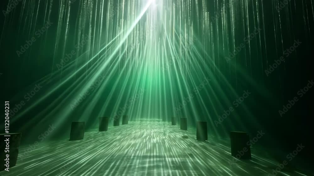 Aufkleber light beams cascading through a green mist in a serene setting during twilight hours