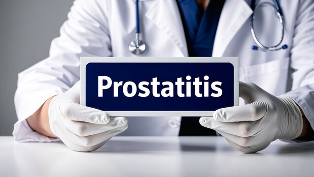 Doctor's hands in rubber gloves holding a sign with the inscription prostatitis