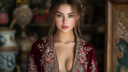 Naklejka premium Close-up of a woman wearing a burgundy cardigan adorned with floral embroidery and beaded embellishments, featuring intricate patterns and sparkling details. Perfect for fashion, style, and accessory