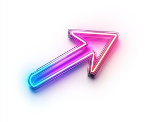 Glowing neon arrow pointing diagonally upward, isolated on white background.