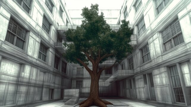 Old oak tree with green leaves surrounded by a grey apartment blook.