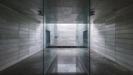 Fototapeta premium Spacious, modern, minimalist bathroom with concrete tiles and glass shower cabin