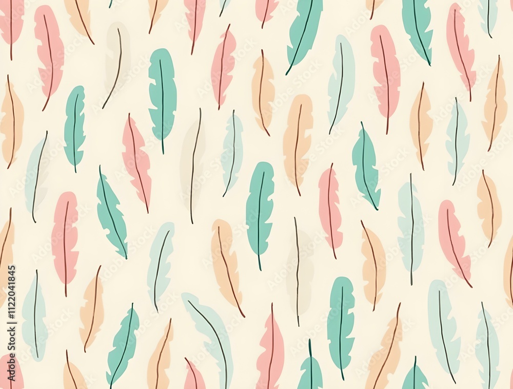 Aufkleber A seamless pattern of colorful feathers on a cream-colored background. The feathers are arranged diagonally and have a gradient color scheme