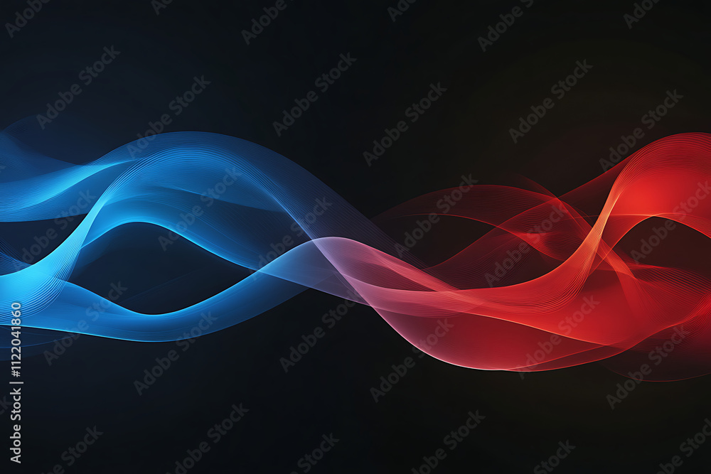 Poster abstract waves of blue and red light create a dynamic, flowing visual effect.