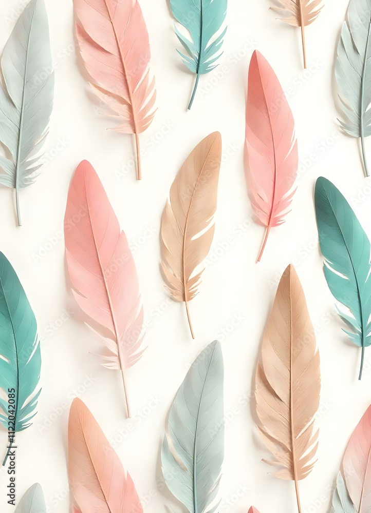 Aufkleber A seamless pattern of colorful feathers on a cream-colored background. The feathers are arranged diagonally and have a gradient color scheme
