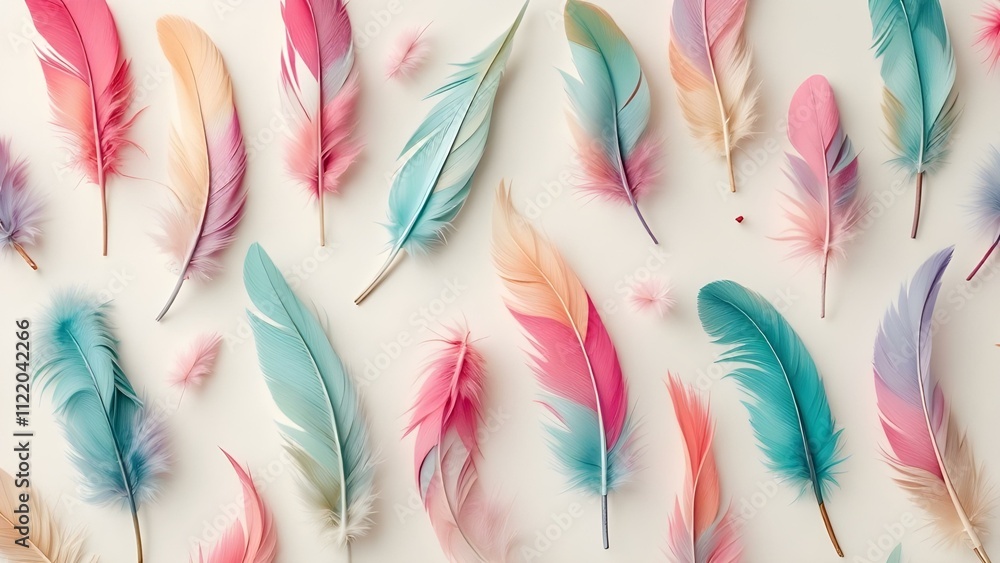 Aufkleber A seamless pattern of colorful feathers on a cream-colored background. The feathers are arranged diagonally and have a gradient color scheme