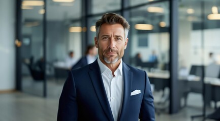 Fototapeta premium Confident mature business man in office. Senior businessman coach, leader looking at camera. Middle aged business man in suit standing in office. Businessman professional manager.