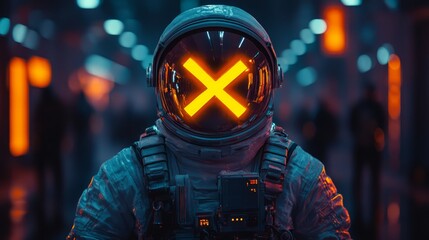 Naklejka premium Dark astronaut with two yellow X's over his eyes, accented by orange lighting