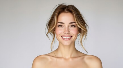 Fototapeta premium Man woman smiling. Young beauty girl laughing. Portrait Of Young Smiling Model. Closeup face of smiling model isolated on gray. Portrait of young woman with blonde hair. Natural beauty.
