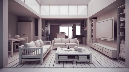 3D illustration of Modern white living room with wooden furniture and TV