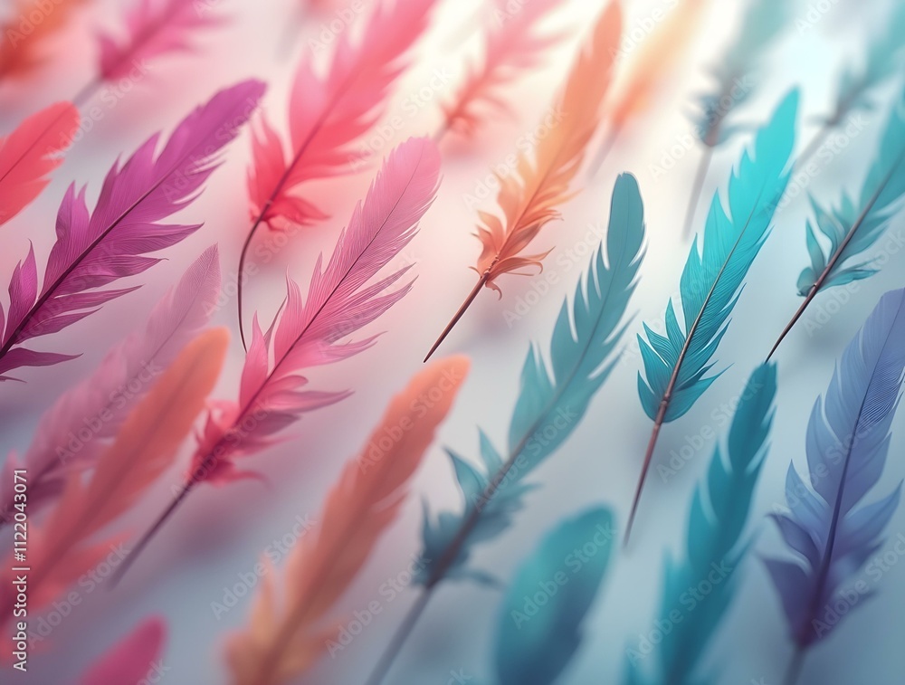 Aufkleber A seamless pattern of colorful feathers on a light blue background. The feathers are arranged in a random pattern and have a soft, pastel color palette