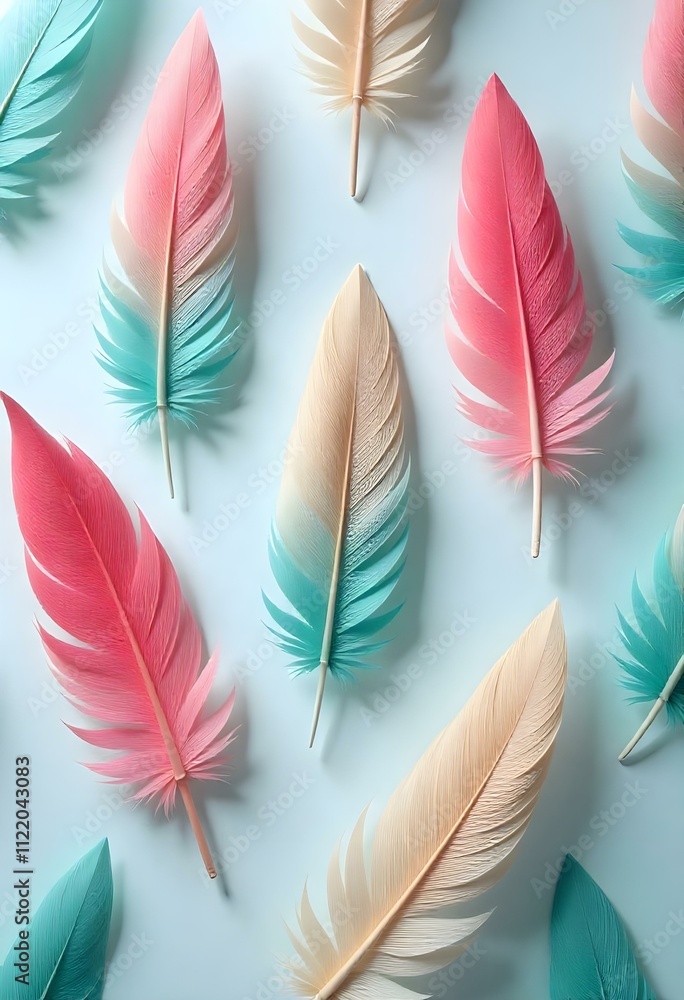 Aufkleber A seamless pattern of colorful feathers on a light blue background. The feathers are arranged in a random pattern and have a soft, pastel color palette