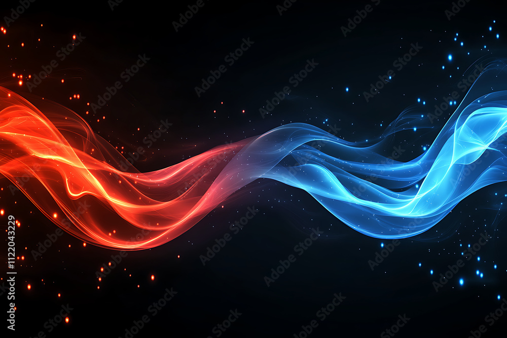 Poster abstract waves of red and blue light create a dynamic and energetic visual effect.