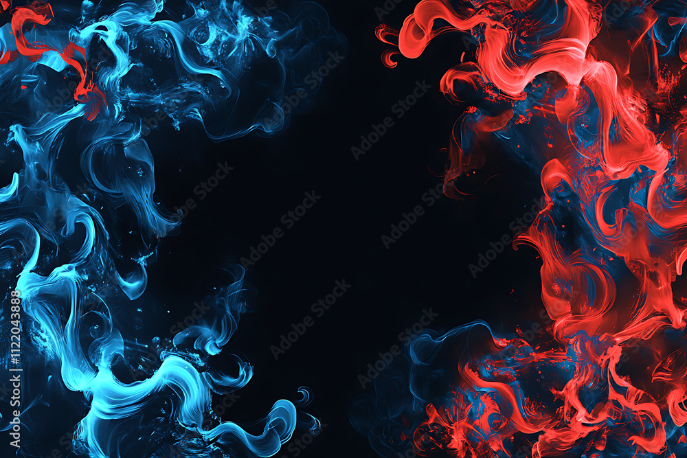 Poster abstract swirling blue and red smoke against a dark background, creating a dynamic visual effect.