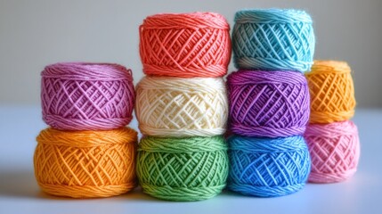 Colorful yarn balls stacked in a pyramid shape.