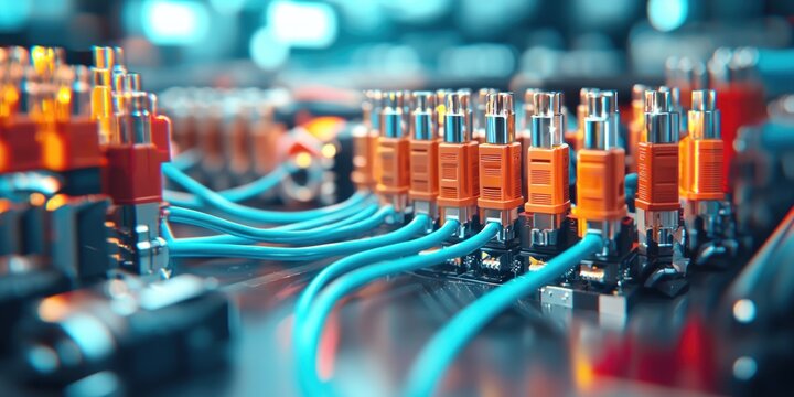 Fiber optic MTP (MPO) pigtail and patchcord connectors displayed neatly, representing high-performance networking solutions in a tech setting.