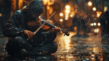 Fototapeta premium Rain Soaked Musician Plays Violin In City Street