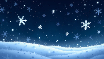 Snowflakes falling gently over a snowy landscape with sparkling stars on a dark blue background 