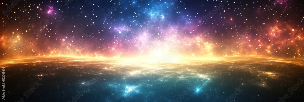 Poster vibrant cosmic landscape showcases swirling colors against a backdrop of deep space, offering space 