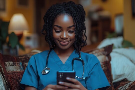 black woman nurse engaging with her phone in a cozy living room, smiling as she receives healthcare updates, highlighting the compassionate role of caregivers in home settings
