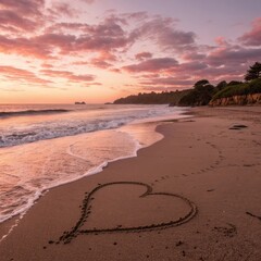 Tranquil Beach Sunset with Heart in the Sand